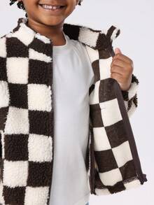 SUMWON Cozy Checkerboard Sherpa Fleece Jacket Teddy Bear Winter Full Zip Kids Casual Outerwear Classic Black White Pattern - Brown - View 3