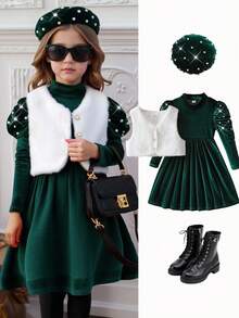 Elladie kids 3pcs/Set Elegant Stylish Young Girls Outfit, Includes Furry Vest, Velvet Pearl Embellished Turtleneck Dress, And Hat, Suitable For Parties, Christmas And Other Occasions, Autumn/Winter Fall Princess Halloween/Christmas Party Dresses For Vacation Autumn And Winter - Green - View 1