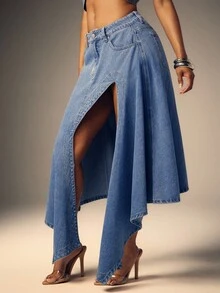 Denimoi Women's Casual Asymmetrical Slit Denim Skirt - Light Wash - View 4