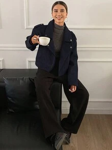 Livesso 女士宽松休闲夹克外套，秋季新款 - 藏蓝色 - 查看 3