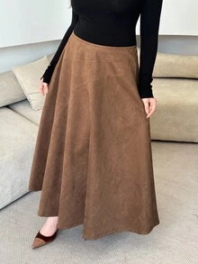 Modelyn Plus Size Minimalist Solid Color Suede A-Line Skirt, Suitable For Spring And Autumn - Brown - View 6