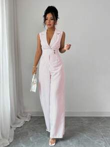 Selianne 女士优雅黑白条纹平领连体裤 - 紅色 - 查看 4