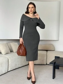 Modelyn فستان محبوك مناسب للمقاسات الكبيرة، أنيق بلون أحادي، كتف مكشوف، مناسب للخريف والشتاء - رمادي - مشاهدة 4