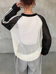 FRIFUL Women's Letter Print Sporty Contrast Stripe Patchwork Knit Top - Black - View 7