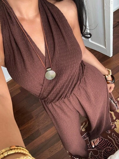 Sunnyshic Women's Deep V-Neck Backless Jumpsuit, Chocolate Brown Color, Slim Fit, Wide Leg, Fashionable & Elegant, Suitable For Vacation