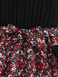 SHEIN 1 件女童圆领长袖罗纹针织拼布花卉下摆连衣裙，甜美淑女，秋季 - 黑色 - 查看 7