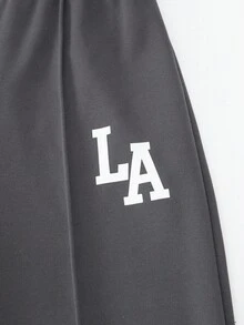 SHEIN Sparklyn 女孩休闲针织纯色正面图案字母印花落肩长袖抽绳腰部连帽衫上衣和裤子两件套