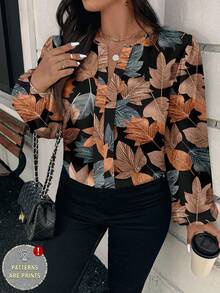 EMERY ROSE 加大码优雅秋季枫叶印花衬衫，适合派对 - 彩色 - 查看 5