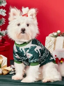 PETSIN 1 件宠物圣诞猫狗通用绿色麋鹿雪花费尔岛图案印花毛绒玩具，温暖舒适，适合狗狗圣诞节 - 彩色 - 查看 6