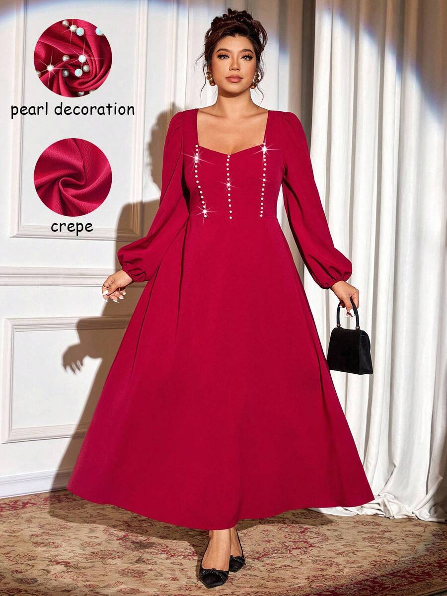 Cravure Christmas Plus Size Women Elegant Pearl Decor Square Neck Textured Woven Maxi Dress,Red Autumn Satin Wedding Color Block Fabric Patchwork Fall Cloth - Burgundy - View 1