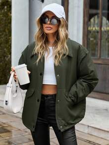 EURMUSE Damen, Herbst, Winter, Khaki-Jacke, Druckknopf, Tasche, reguläre Länge, Kordelzug, Langarm, gesteppt - Khaki - Übersicht 1