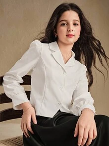 SHEIN Blouse à col cranté pour jeunes filles avec manches longues - Blanc - Voir 1