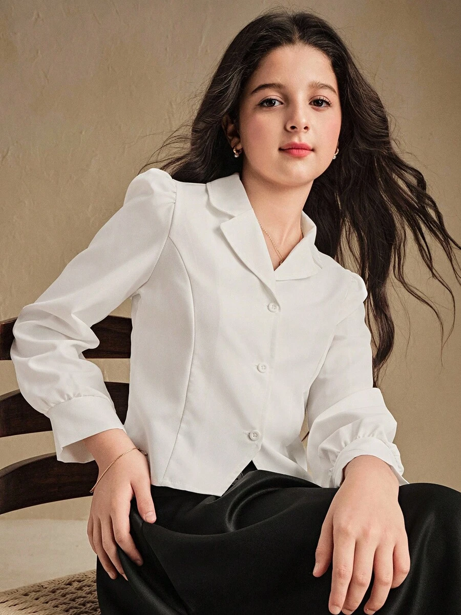 SHEIN Blouse à col cranté pour jeunes filles avec manches longues - Blanc - Voir 1