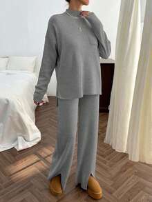 SHEIN Cottnline Rib Pattern Pocket Pullover Pant Knit Set Stay At Home Dark Grey Autumn Casual Everyday - Grey - View 3