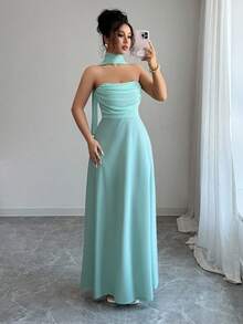 Elenzga Strapless Ruffle Waist A-Line Flowy Elegant Romantic Women Dress