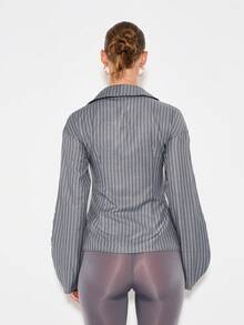 KIZN Professional Long Sleeve Button Down Pinstripe Shirt Dramatic Puff Sleeves Modern Stylish Office Career Workwear Asymmetric Business Collared Blouse - Grey - View 2