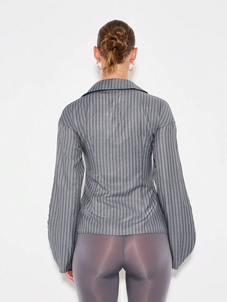 Pinstriped Button Down Blouse With Puff Sleeves