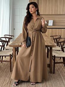 Breezaya 大码女式纯色长袖腰扭纹单排扣休闲衬衫裙 - 棕色 - 查看 5