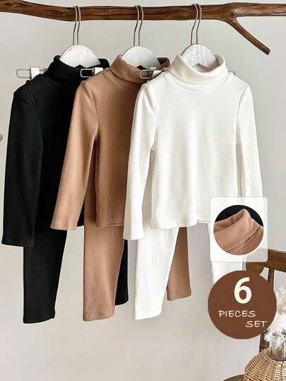 LMoss Kids 6 قطع طقم تي شيرت وبنطلون كاجوال بياقة عالية مصنوع من القماش المحبوك للفتيات الصغيرات