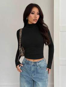 SHEIN PETITE Áo thun nhung ấm áp cổ đứng dành cho nữ - màu đen - Xem 5