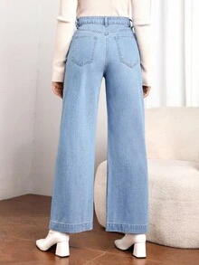 SHEIN Essnce 女式口袋宽松阔腿休闲百搭牛仔裤 - 藍色 - 查看 2