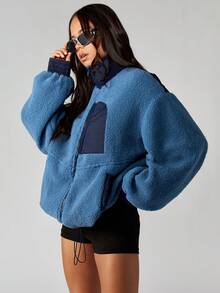 MISSGUIDED Women Oversized Teddy Jacket Winter Sherpa Fleece Coat With Navy Contrast Panel Half Zip Stand Collar Cozy Warm Outerwear Fall Fashion