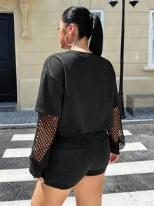 SHEIN EZwear Plus Size Letter Patched Contrast Fishnet Drop Shoulder Crop Top So What - Black - View 3