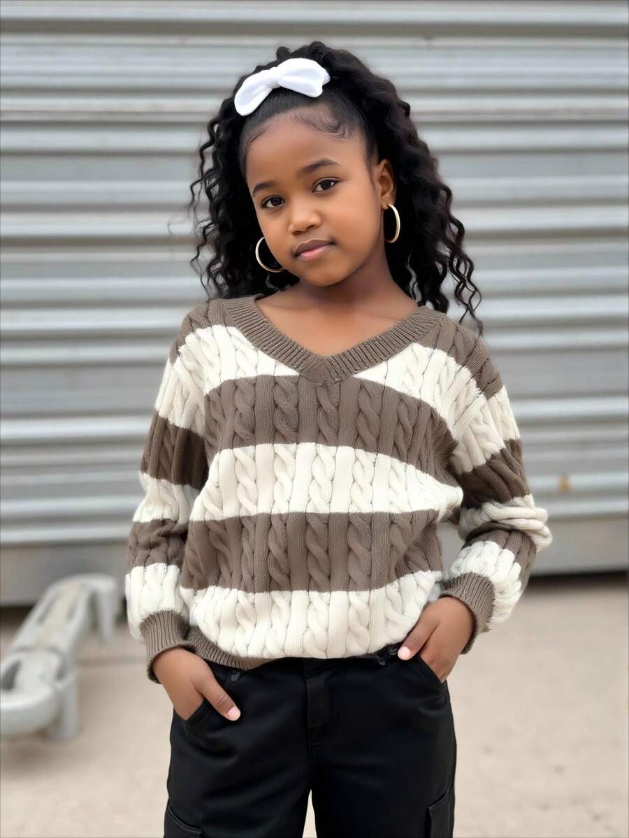 SHEIN Tween Girls Striped Color Block Cable Knit V-Neck Lantern Sleeve Oversized Pullover Sweater, Suitable For Autumn/Winter Outings Fall - Khaki - View 1