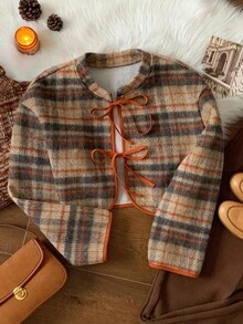 Comfortcana Winter  Halloween Plaid Casual Short Tie-Front Long Sleeve Women Wool Blend Overcoat In Fall/Winter Brown Plaid Overcoat , Christmas - Brown - View 4
