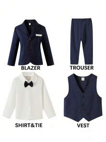 4-Piece Toddler Boys Gentleman Outfit Set: Navy Blue Collar Lapel Long Sleeve Suit Jacket, White Long Sleeve Collared Shirt With Navy Blue Bowknot, Navy Blue Waistcoat, And Formal Suit Pants. Perfect For Birthday Parties, Formal Events, Weddings, Christenings, Baptisms, And Anniversaries. Fall Winter