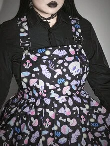 ROMWE Kawaii 加大码卡哇伊深色洛丽塔风格百褶裙骷髅和药水瓶印花吊带连衣裙 - 黑色 - 查看 2