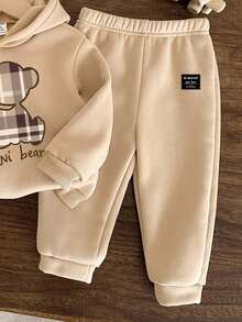 男婴休闲简约卡通熊图案针织柔软宽松连帽运动服，适合秋冬季