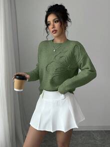 Elenzga Áo len chui đầu cổ tròn họa tiết hoa màu trơn cho nữ - màu xanh lá - Xem 6