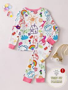 1set Baby Girls' Cartoon Crayon Graffiti Print Snug Fit Pajama Set, Long Sleeve Top And Pants, Spring/Autumn Fall Winter - White - View 2