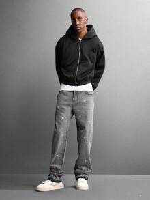 SUMWON 星空印花牛仔裤，闪亮夜空图案，直筒经典款，秋冬时尚百搭休闲裤 - 黑色 - 查看 3