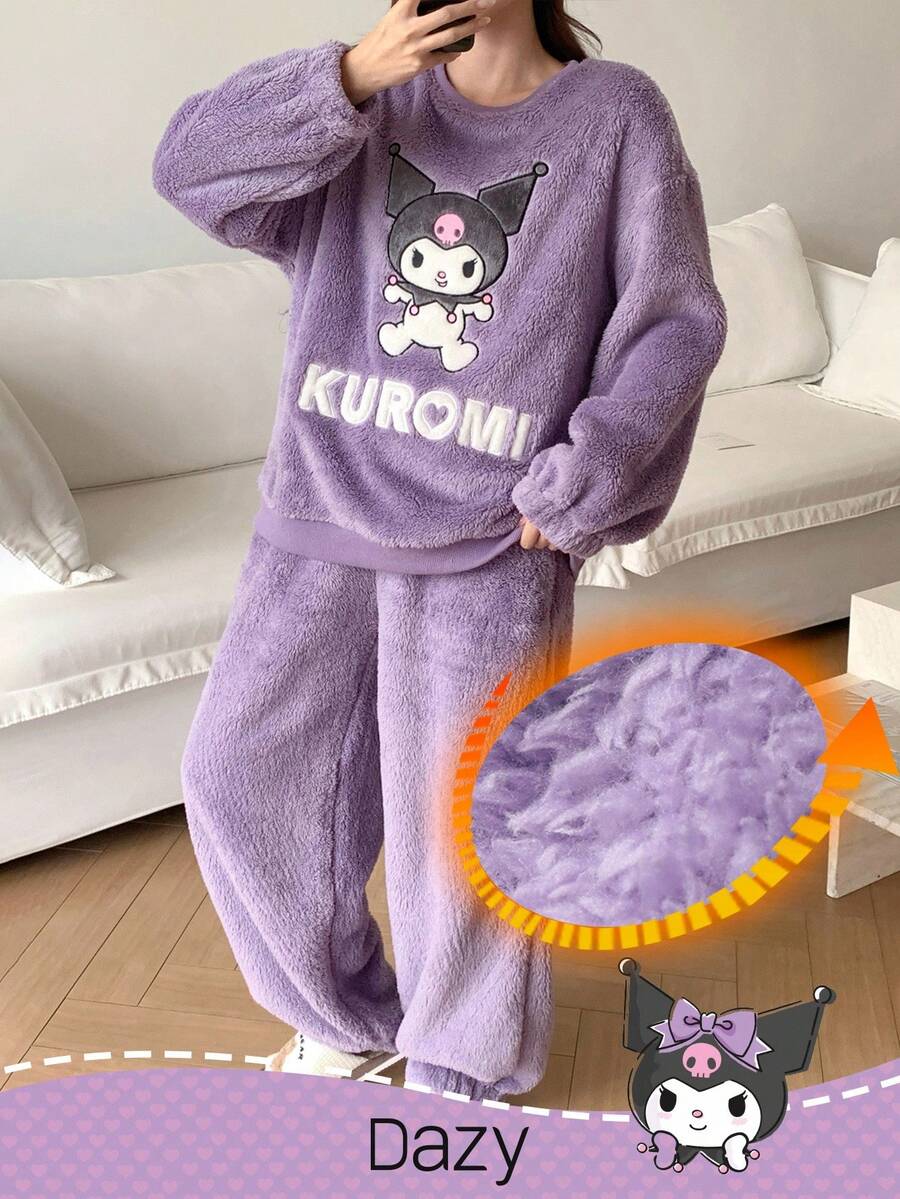 HELLO KITTY AND FRIENDS | SHEIN 女士宽松卡通刺绣上衣和裤子睡衣套装，秋冬季服装 - 紫色 - 查看 1