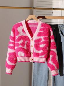 Sparklyn Áo khoác cardigan tay dài cổ chữ V in chữ cho bé gái tuổi mới lớn - Màu Hồng Tươi - Xem 1