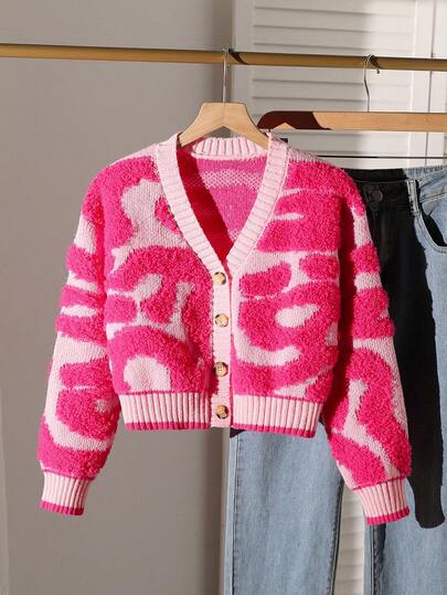 Sparklyn Chaqueta de punto con cuello en V, botones delanteros y mangas largas con estampado de letras para niña preadolescente