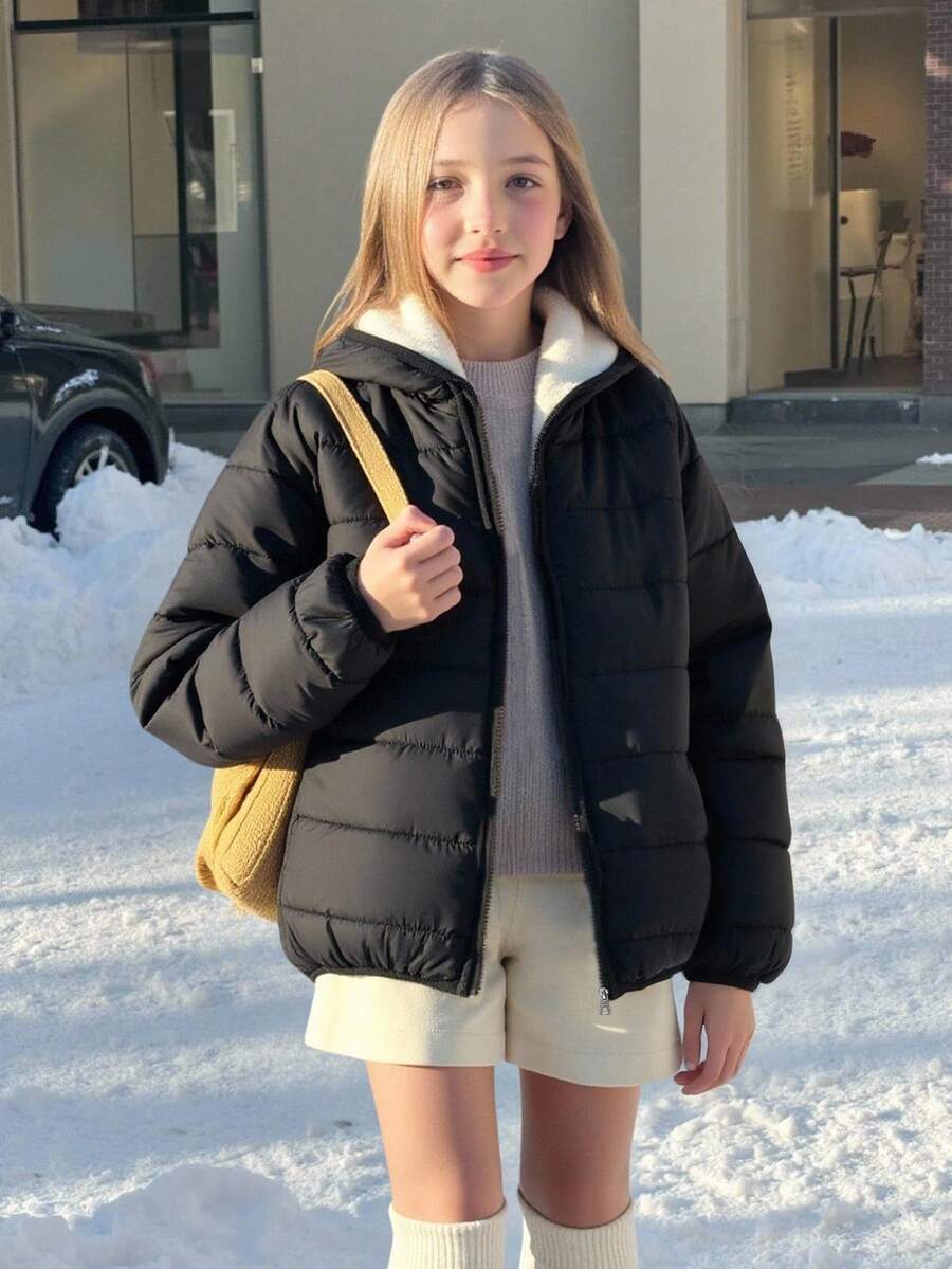 Tween Girl 休闲夹棉大衣,三合一设计,带保暖衬里,宽松舒适,适合秋冬季节,适合日常通勤、外出和拍照 - 黑色 - 查看 1