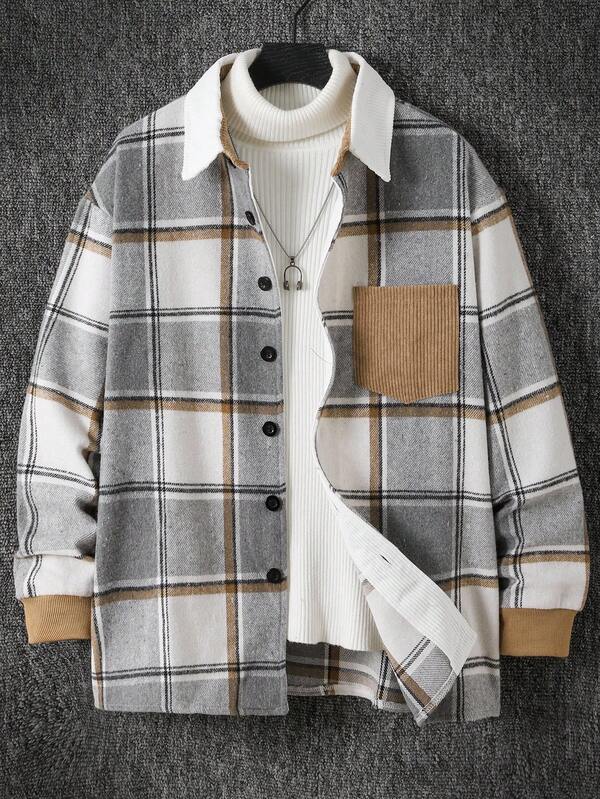 1pc Casual Plaid Patchwork Corduroy Collar Pocket Jacket For Teenage Boys, Suitable For Autumn/Winter Casual Wear And School Fall