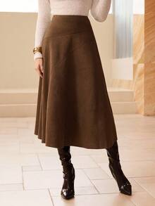 Modelyn Fall Solid Color Faux Suede Flared Elegant Long Skirt For Women, Western Elegant Long Brown Skirt