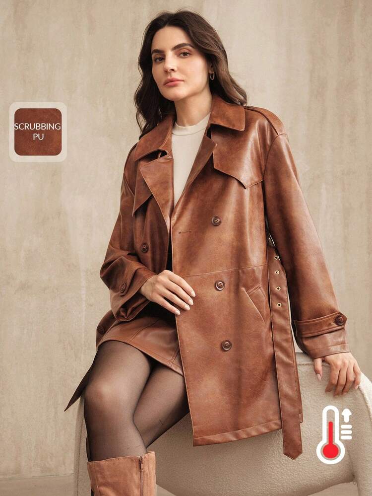 Abrigo minimalista y elegante de mujer de doble botonadura, marrón y brillante, de longitud media. Chaqueta cortavientos para mujer, otoño/invierno