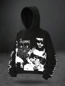 ROMWE MEN The Conjuring X ROMWE Men's Cartoon Figure Graphic Pattern Hoodie, Fall Winter - Black - View 4