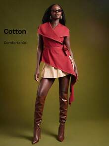 NYA SZN 牛仔上衣 V 领裹身系带细节修身街头服饰日常休闲音乐会节日棉质秋季女装 - 紅色 - 查看 1