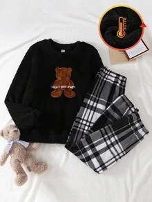 Teenage Boys' Black Plush 3D Bear Embroidered Long Sleeve Top And Classic Plaid Plush Pants Casual Pajama Set - Multicolor - View 6