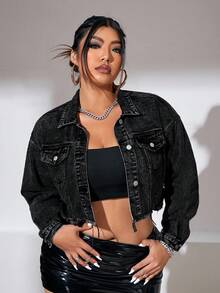 SHEIN ICON Plus Size Casual Washed Frayed Hem Cropped Denim Jacket - Black - View 4