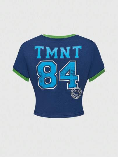 TEENAGE MUTANT NINJA TURTLES X ROMWE Camiseta corta de ajuste ceñido con cuello redondo, manga corta y gráfico de letra con ribete de contraste para mujer