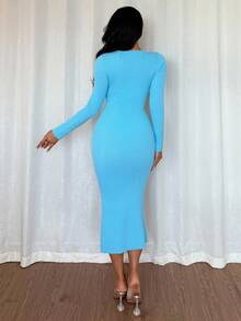 Chiquease Vestido de suéter de manga larga ajustado de longitud media con cuello redondo, hombros caídos y hebilla metálica en forma de U minimalista y sexy para mujer