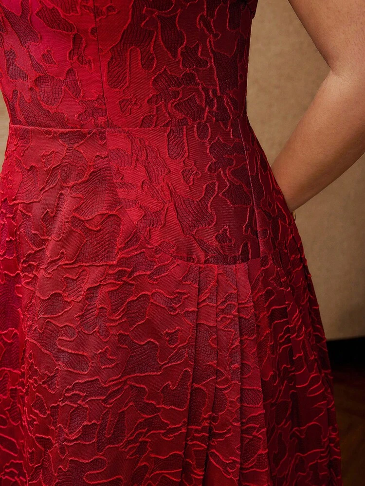 VESTIDO DE PUNTO TEXTURIZADO JACQUARD TALLA GRANDE CON DOBLEZ Y BAJO ACAMPANADO, OTOÑO INVIERNO