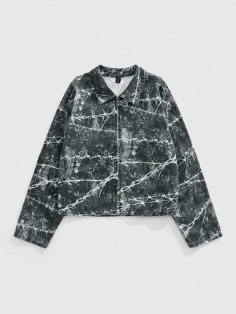 Grunge Punk Men's Autumn Tie-Dye Thorns Pattern Long Sleeve Single-Breasted Casual Denim Jacket